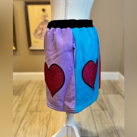 New! QUEEN OF SPARKLES Color Block Rhinestone Heart Skort - Picture 8 of 11